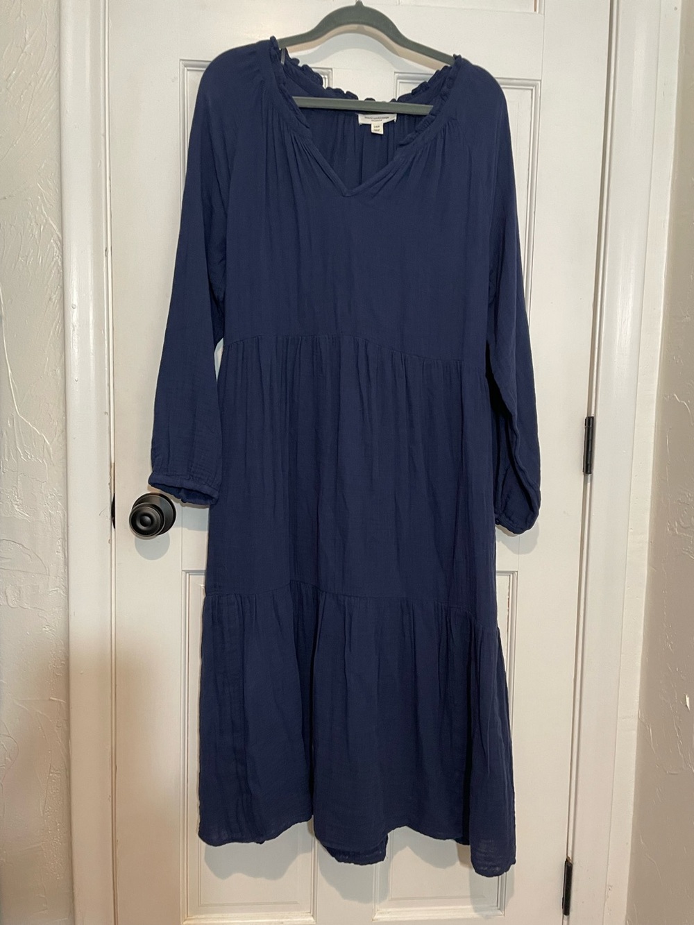 beachlunchlounge Navy Blue Long Sleeve Tiered Midi cotton Dress Sz L